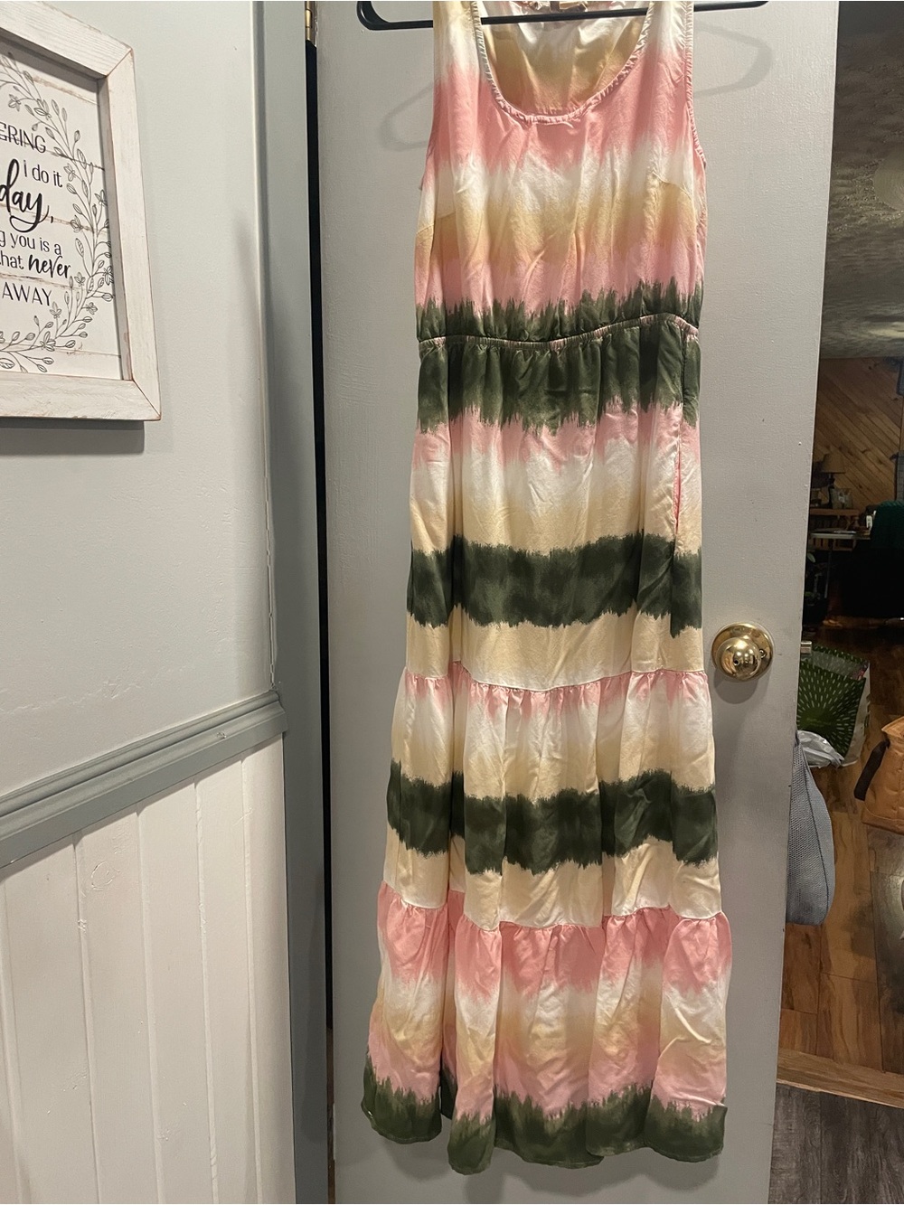 My Danielle Soft Tie-Dye Sleeveless Maxi Dress in Pink, Cream & Olive size S